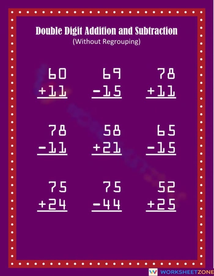 Double-digit addition and subtraction practice worksheet for second graders