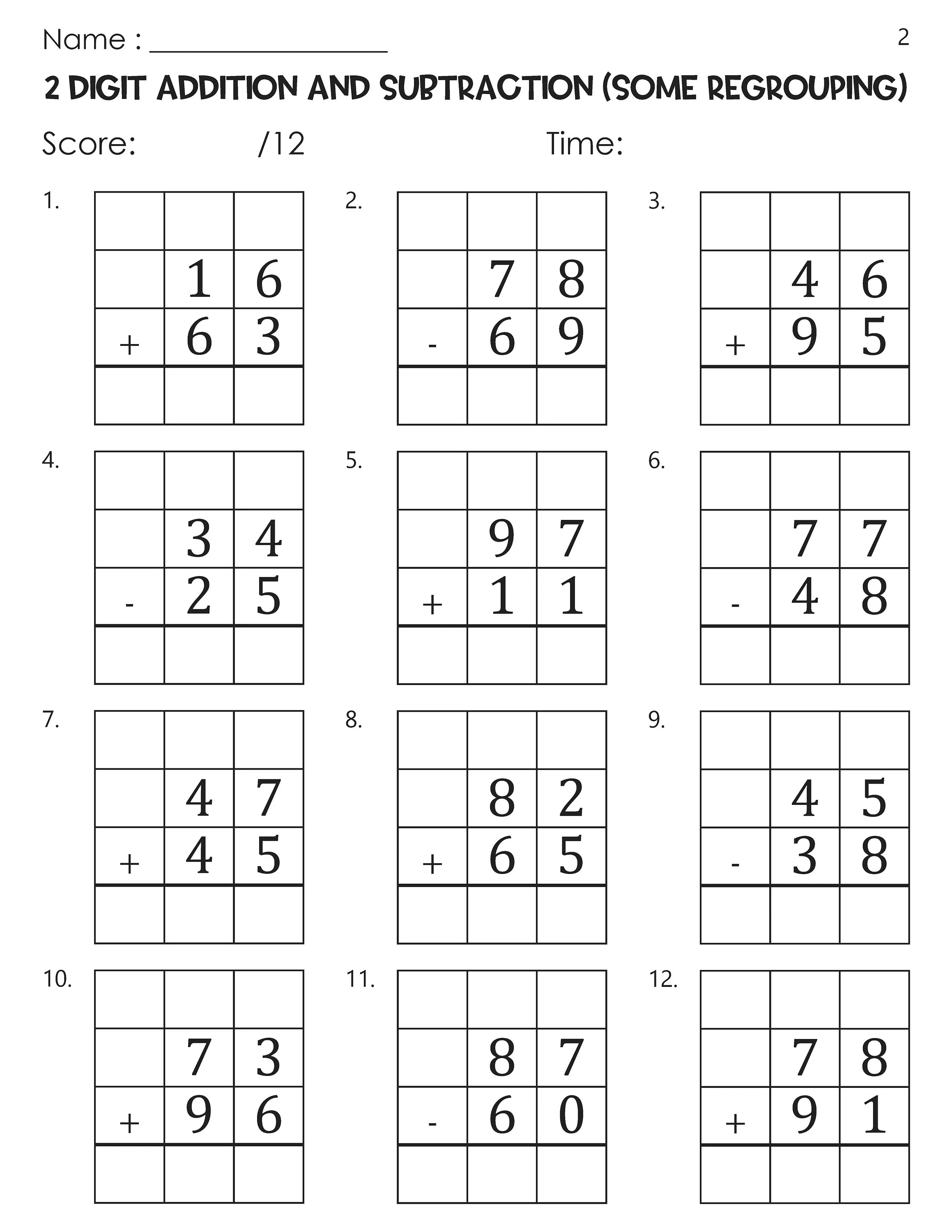 Second grade math worksheet featuring two-digit addition and subtraction problems with regrouping for practice test 14