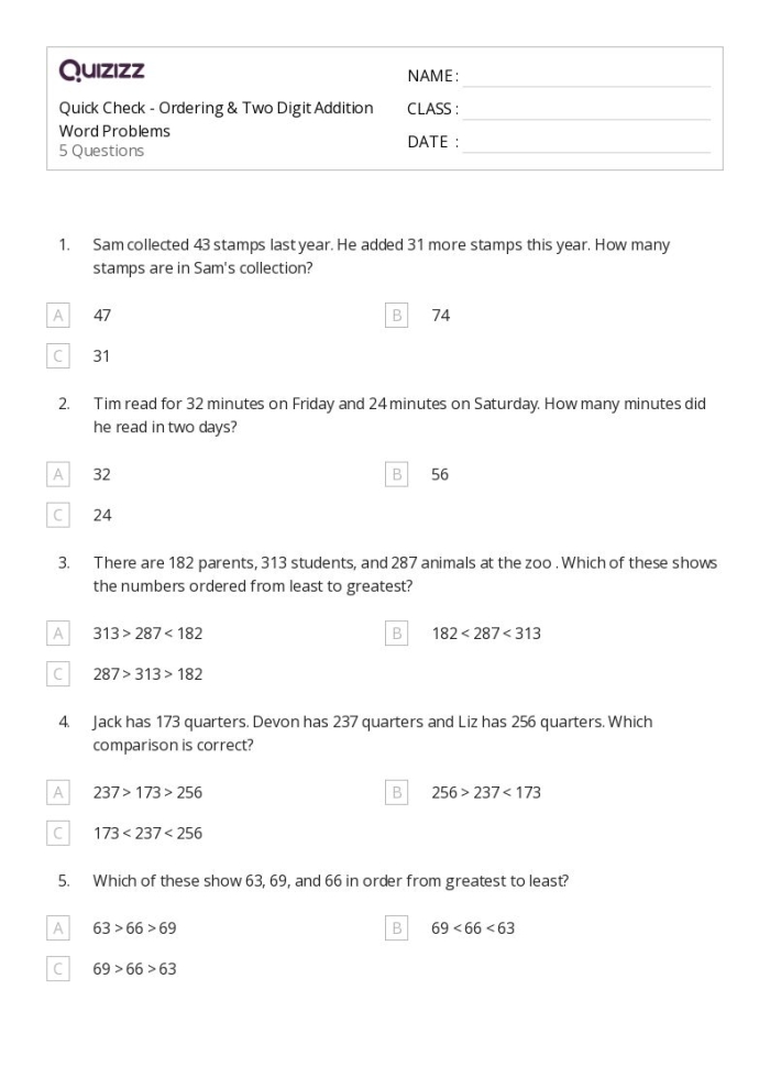 Second grade students working on a mixed operation math assessment for two-digit word problems