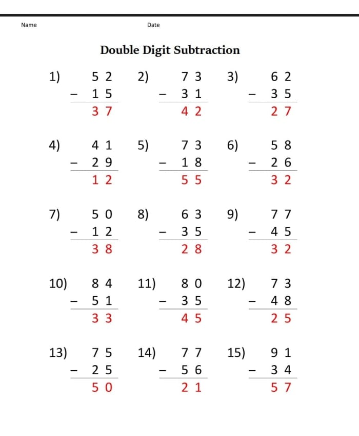 Double-digit addition and subtraction practice worksheet for second graders