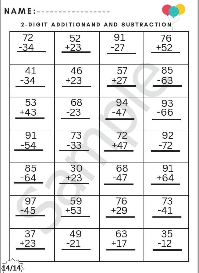 Double-digit addition and subtraction practice worksheet for second graders