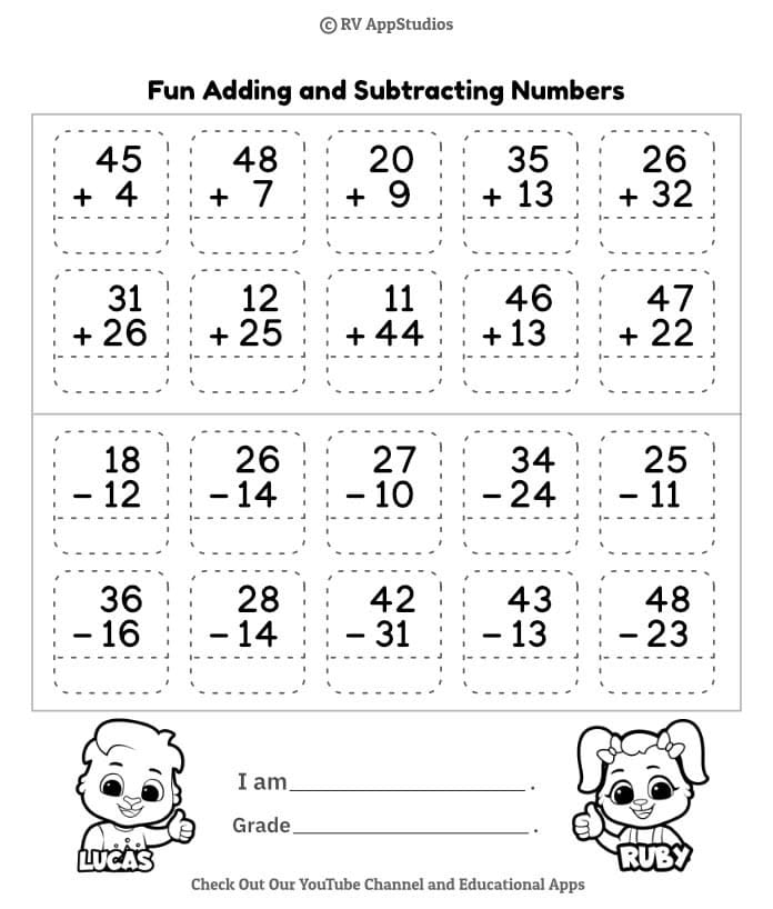 Second grade student working on a double-digit addition and subtraction practice worksheet