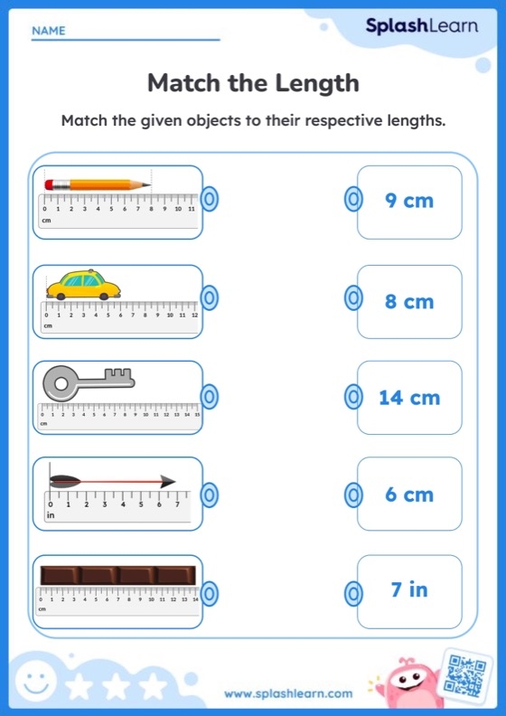 Second grade worksheet showing students measuring pencils with rulers using centimeters and inches