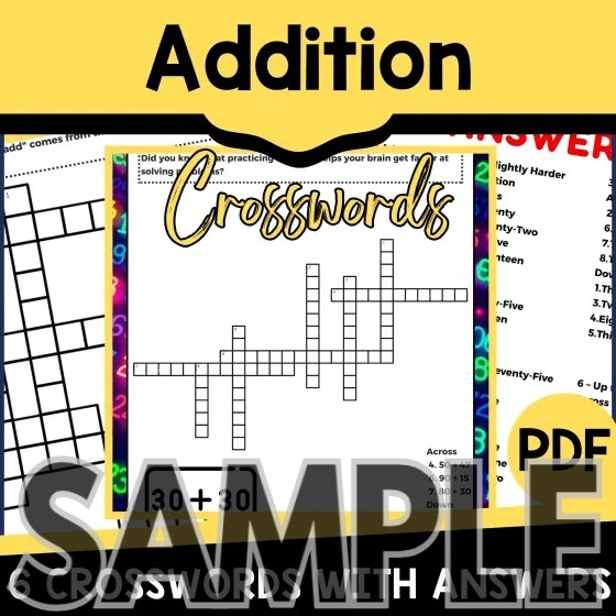 Second grade student solving a 2-digit addition crossword puzzle worksheet