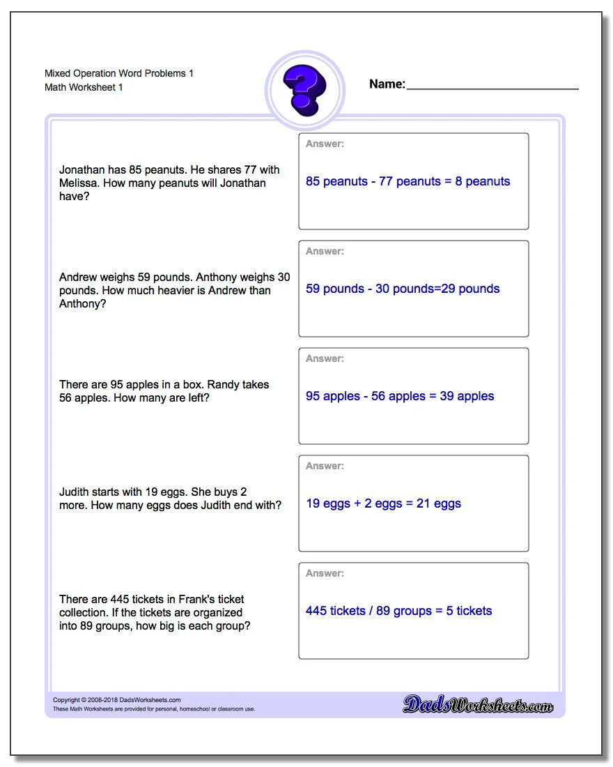 Mixed Operation Word Problem Check-in Worksheet for Second Grade Math Assessment 20 Second grade student completing a mixed operation three-digit math word problem worksheet