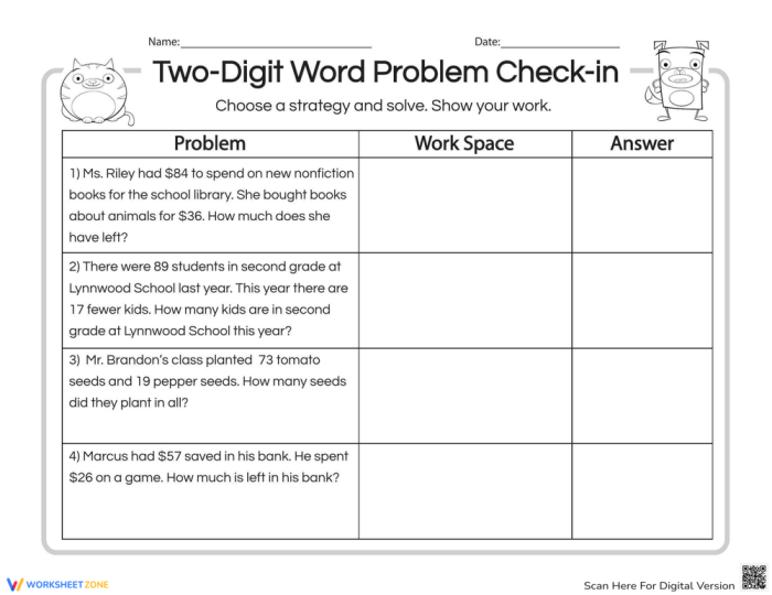 Second grade student completing a mixed operation two-digit word problem assessment worksheet