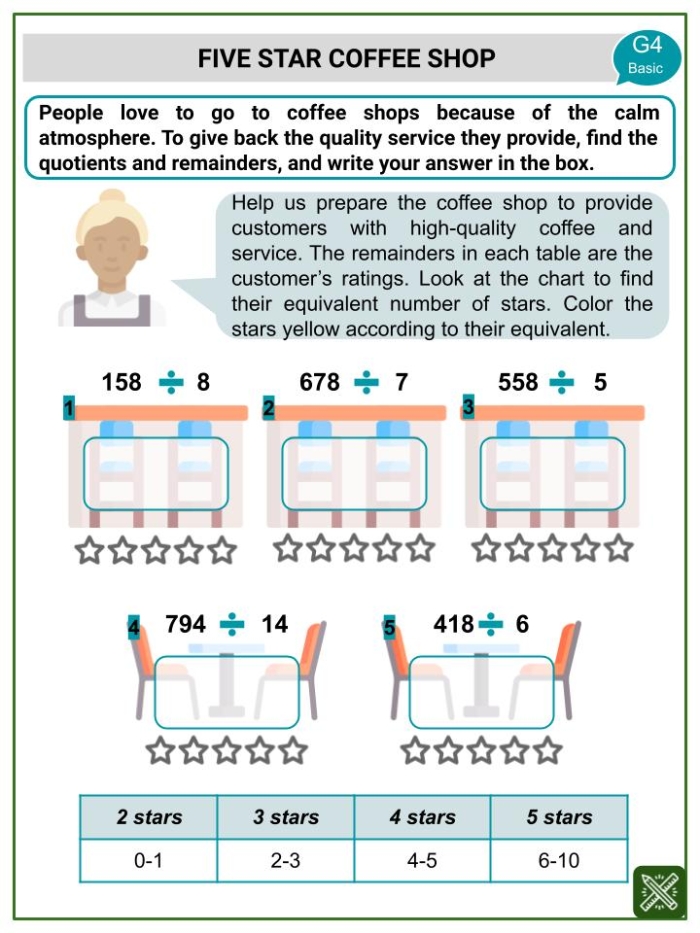 Second grade student calculating money totals and change on a coffee shop themed math worksheet