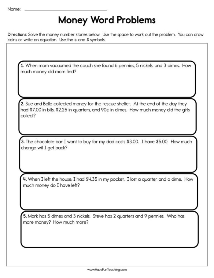 Second grade money math word problems worksheet featuring fraction based currency challenges