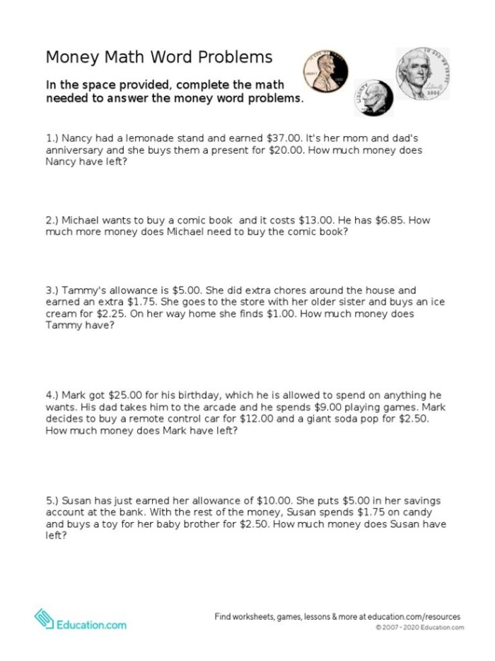 Second grade money math word problems worksheet featuring addition of dollars and cents