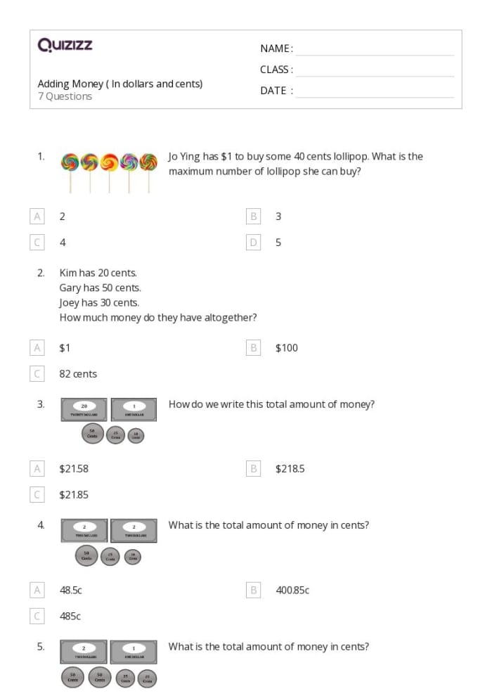 Dollars and Cents worksheet for second graders to practice adding money amounts