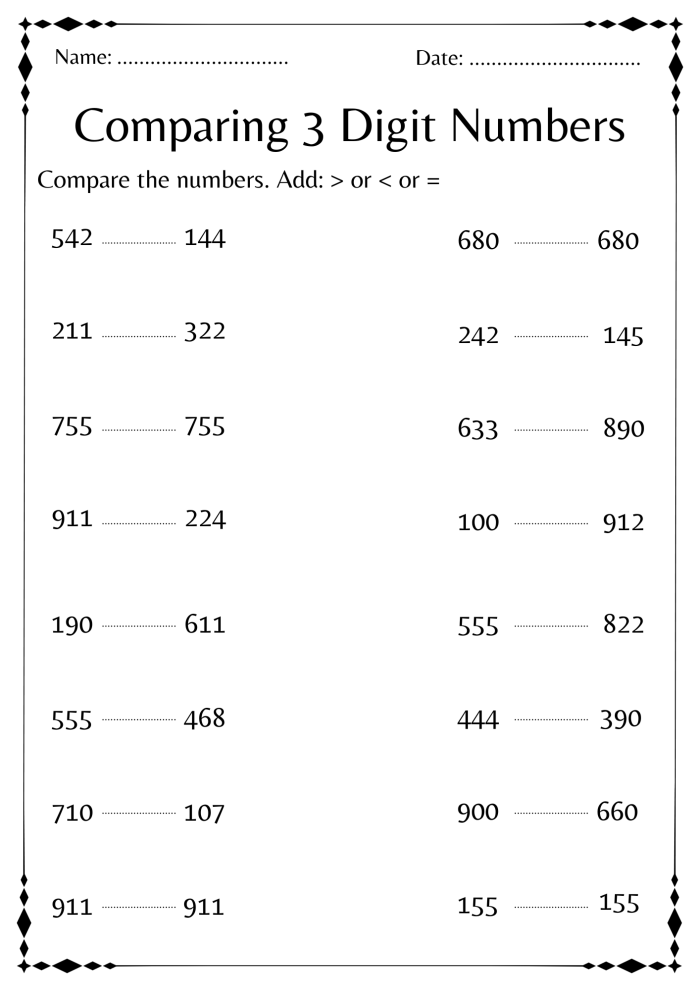 Comparing Three Digit Numbers Check-in Worksheet 17 Second grade math worksheet featuring a three-digit number comparison assessment