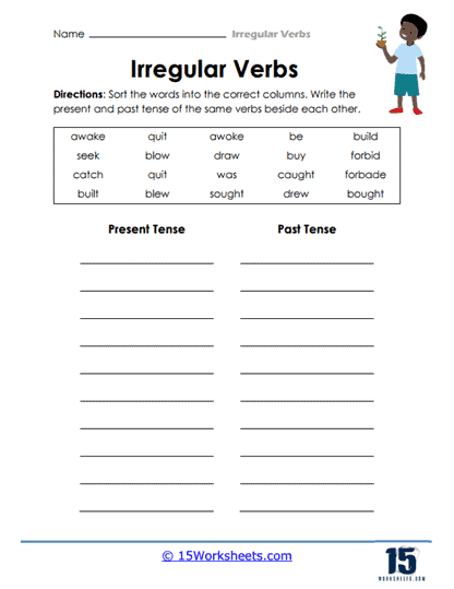 Worksheet featuring an irregular verb match activity for second graders learning past tense verbs