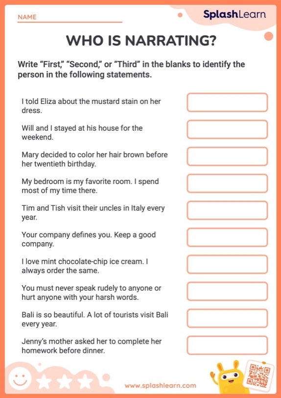 Characters' Points of View Activity for Young Readers Second grade worksheet showing two characters with thought bubbles discussing their different viewpoints about the same story event