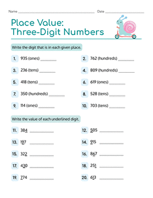 Second grade worksheet focusing on place value exercises for three-digit numbers