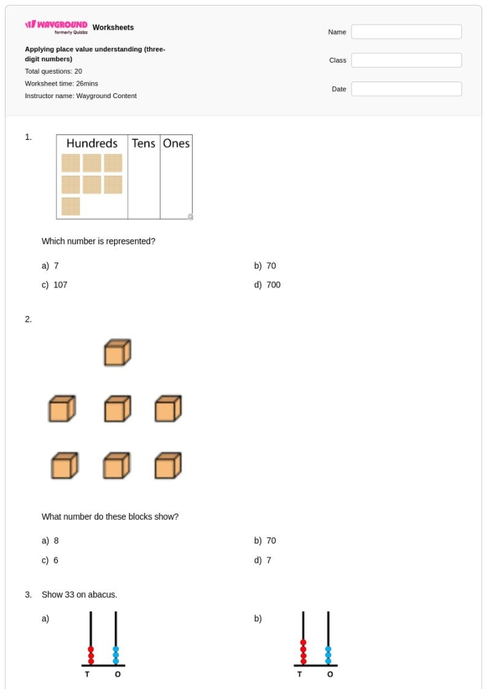 Three-digit numbers place value practice worksheet for second graders