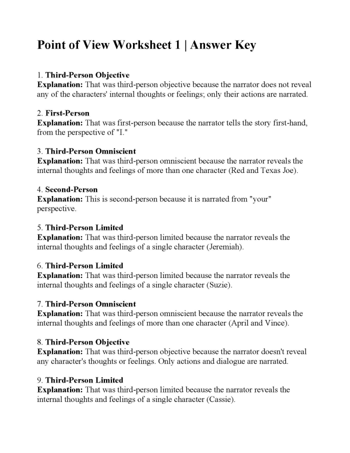 Second grade student completing a Point of View Practice worksheet identifying narrative perspectives