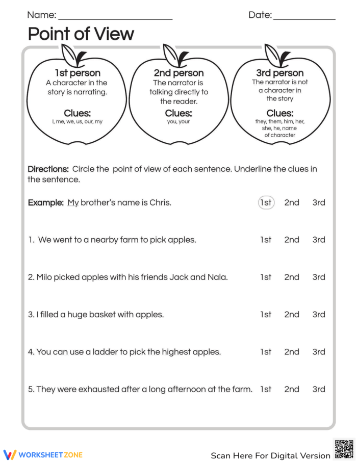 Worksheet promoting point of view identification for second-grade students