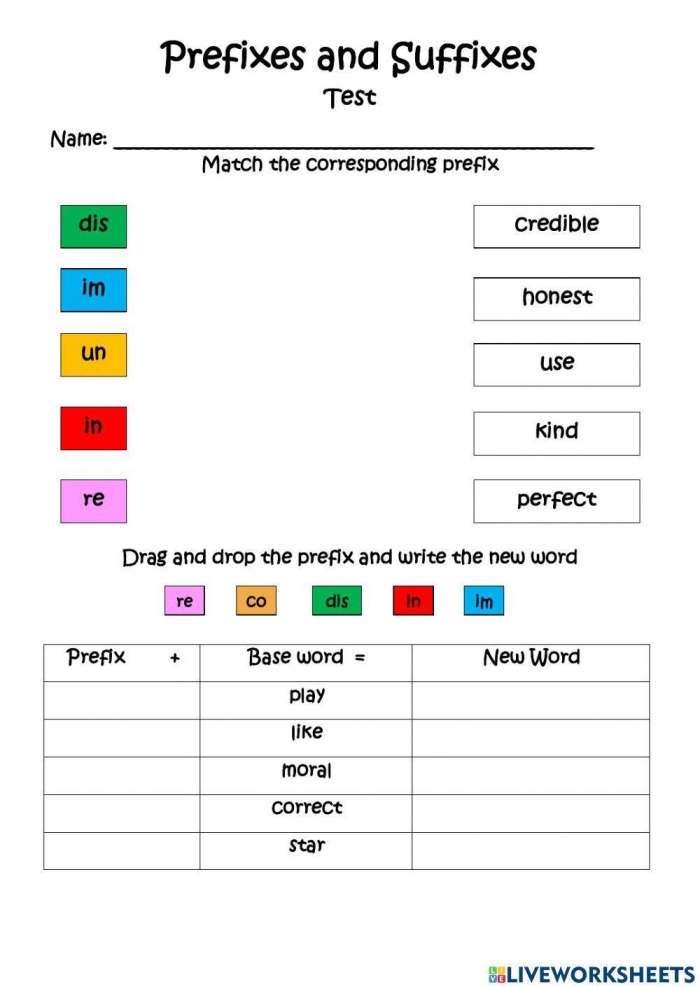 Prefix and Suffix Vocabulary Activity for Second Grade Worksheet featuring prefixes, suffixes, and root words for vocabulary building in second grade students