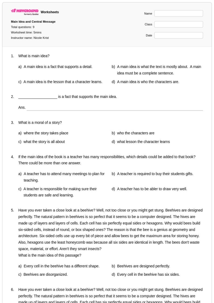 Main Idea of a Story worksheet for second graders focusing on reading comprehension skills