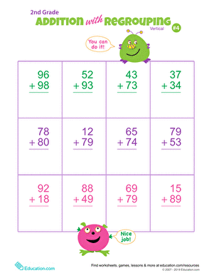 Underwater double-digit addition practice worksheet with regrouping exercises for young learners Second grade student solving vertical addition problems with regrouping using underwater themed illustrations and numbers in the double digits