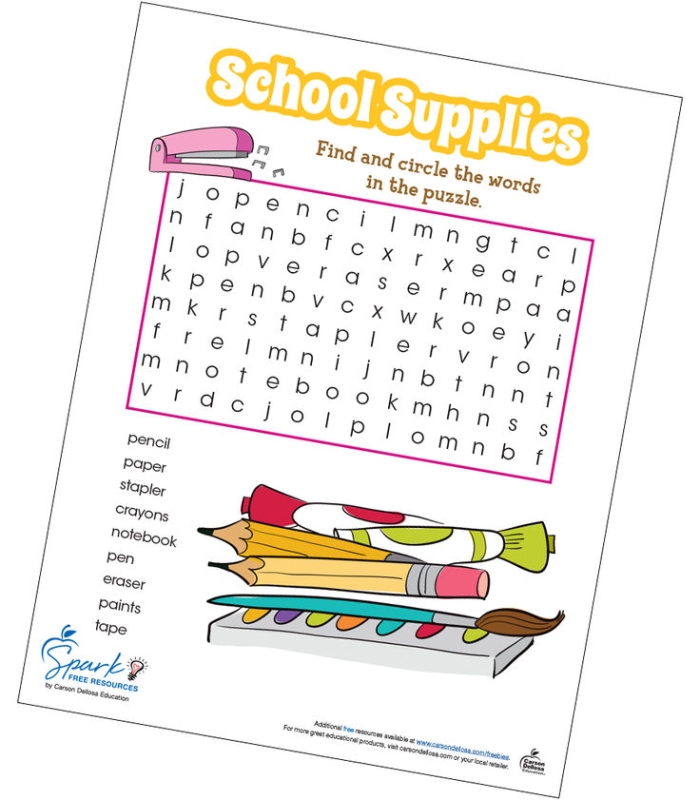 Second grade school supplies word search puzzle worksheet for geography class
