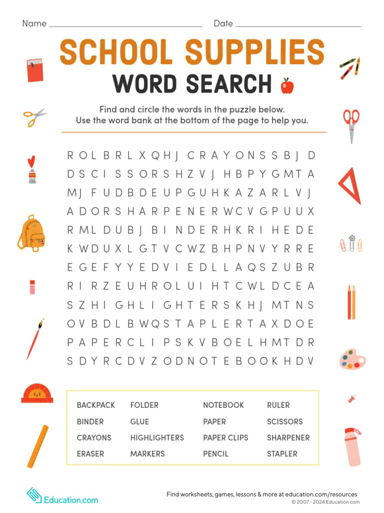 Second grade students completing a school supplies word search puzzle worksheet