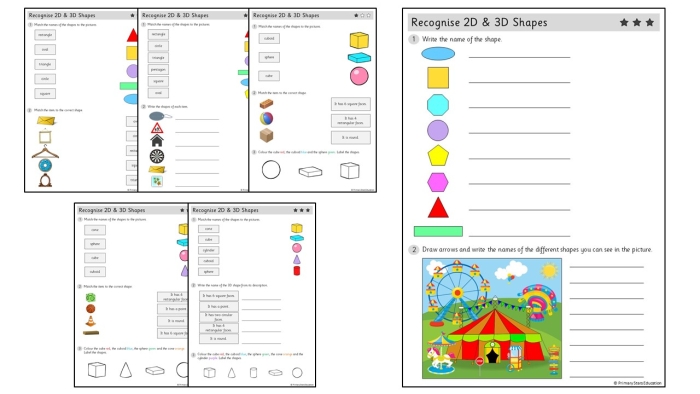 Geometry worksheet showing blank chart for comparing common 2-D shapes Second grade students completing a 2-D shapes comparison chart to identify shape names, edges, and vertices