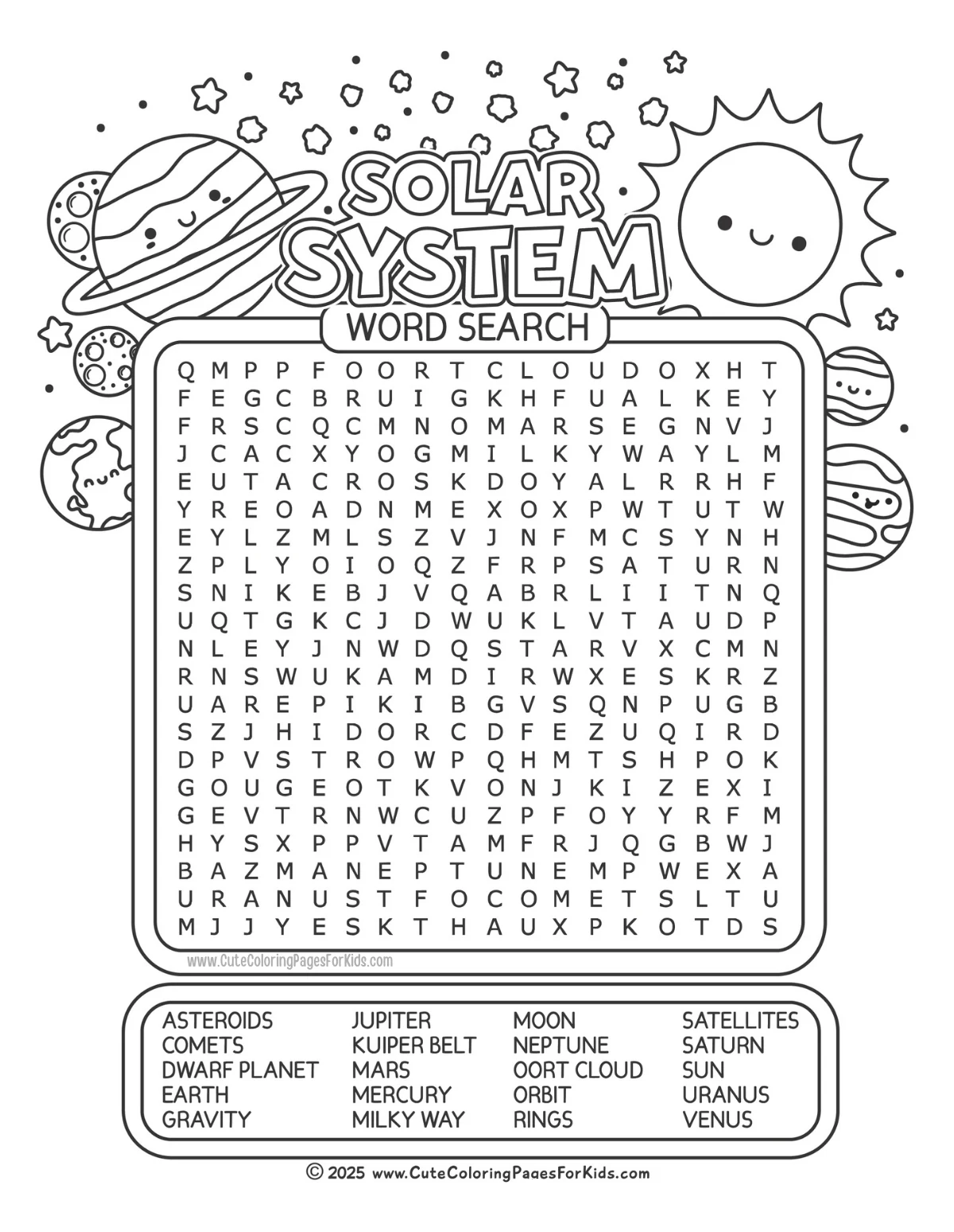 Second grade solar system word search worksheet with planet names for space science practice