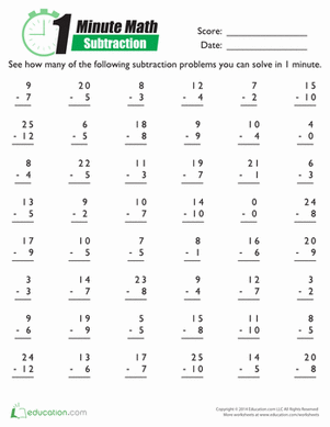 Subtraction worksheet for second graders focusing on quick math problems for one minute