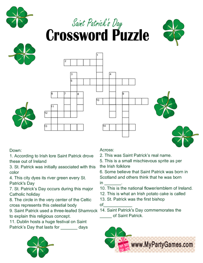 St. Patrick's Day themed crossword puzzle worksheet for second graders focusing on vocabulary and fun facts