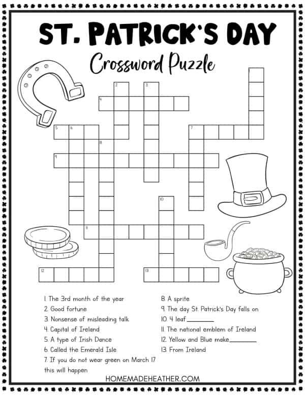 St. Patrick's Day Crossword Puzzle worksheet for second graders to enhance vocabulary and learn holiday facts