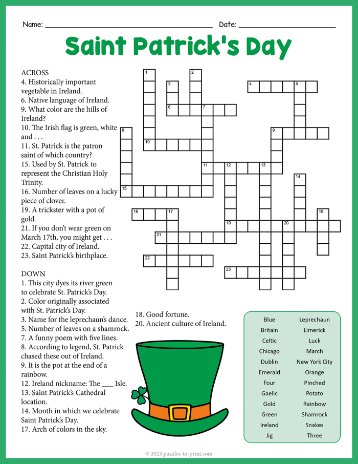 St. Patricks Day Themed Grammar and Mechanics Crossword Worksheet 3 Second grade St. Patrick's Day crossword puzzle worksheet focused on grammar and mechanics