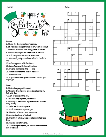 Second grade St. Patrick's Day crossword puzzle worksheet with holiday-themed vocabulary