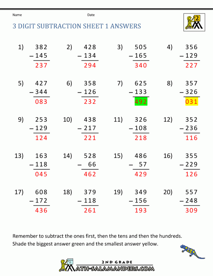 Engaging review worksheet for mastering two- and three-digit subtraction concepts Three-digit subtraction worksheet designed for second graders to enhance their math skills