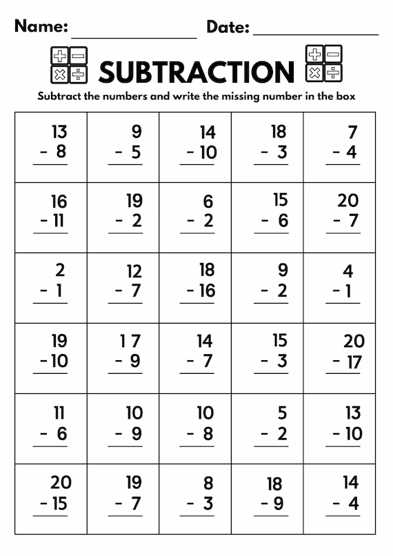 Second grade student completing a one minute math subtraction worksheet