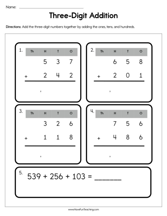 Math Notes Three-Digit Addition Worksheet 18 for Elementary Place Value Practice Second grade students solving three-digit addition problems without regrouping using place value columns