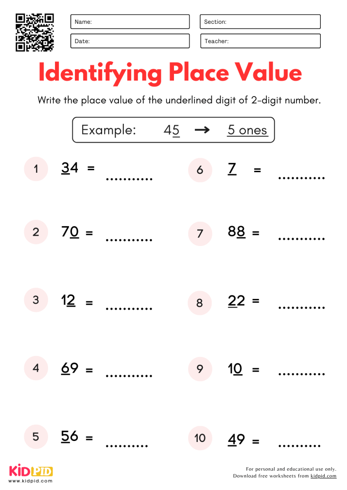 Worksheet showcasing place value concepts for three-digit numbers aimed at second graders