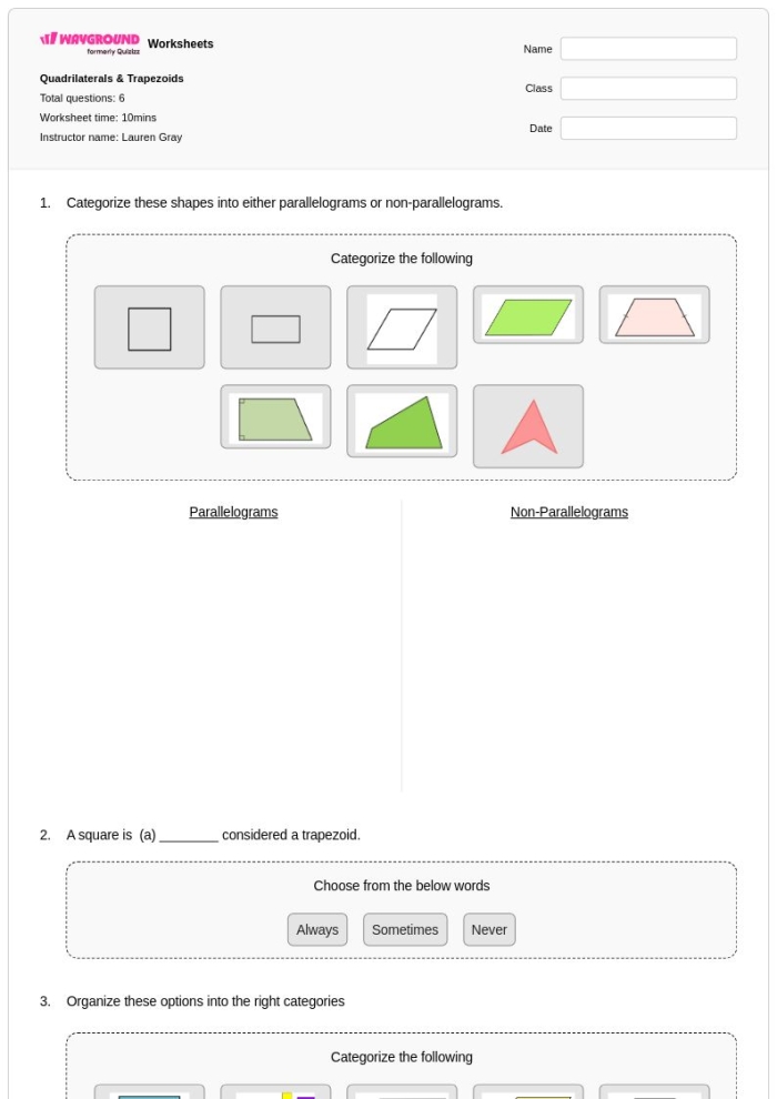 Second grade geometry worksheet showing colorful trapezoids and quadrilaterals mixed with various 2D shapes for students to identify and count