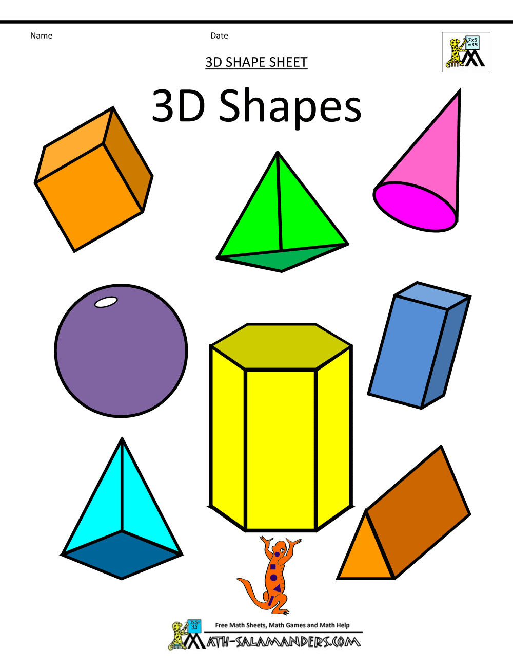 Worksheet for 2nd graders on 3-D shapes with a fill-in table for faces, sides, and vertices