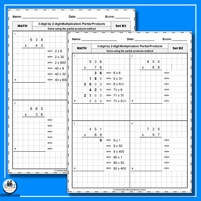 Fifth grade math worksheet featuring several three-digit by two-digit multiplication problems for practice