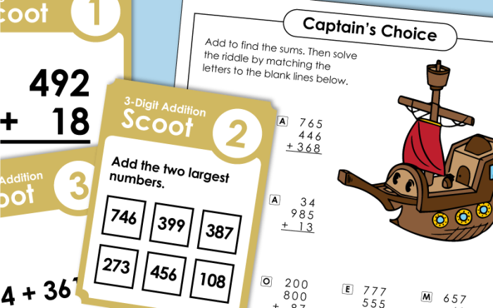 Three-digit addition word problems featuring dinosaurs for second graders