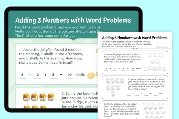 Colorful worksheet featuring 3-digit addition word problems with dinosaurs for second graders