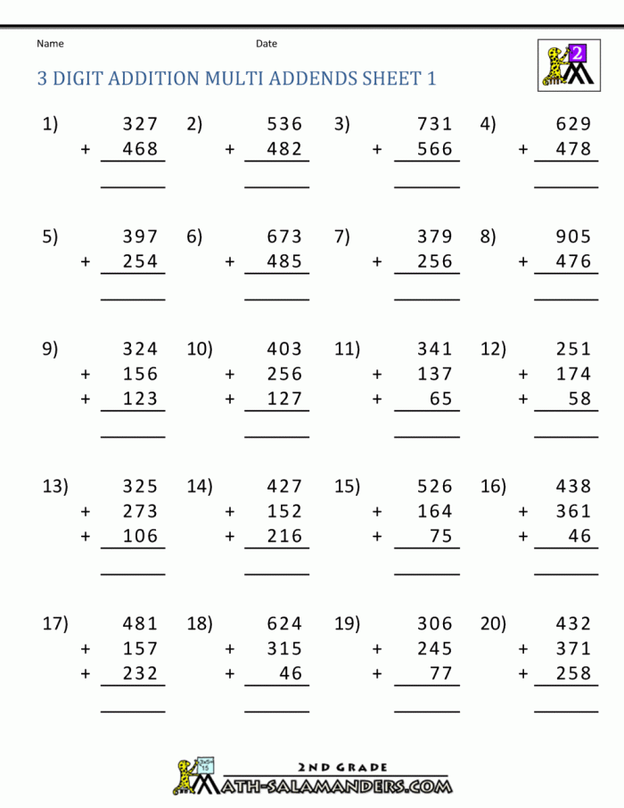 3-Digit Addition worksheet for third graders featuring 20 addition problems to solve