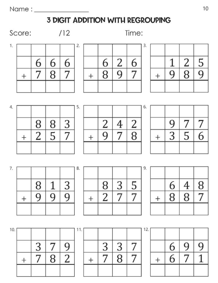 Third grade math worksheet featuring twenty addition problems with two and three digit numbers