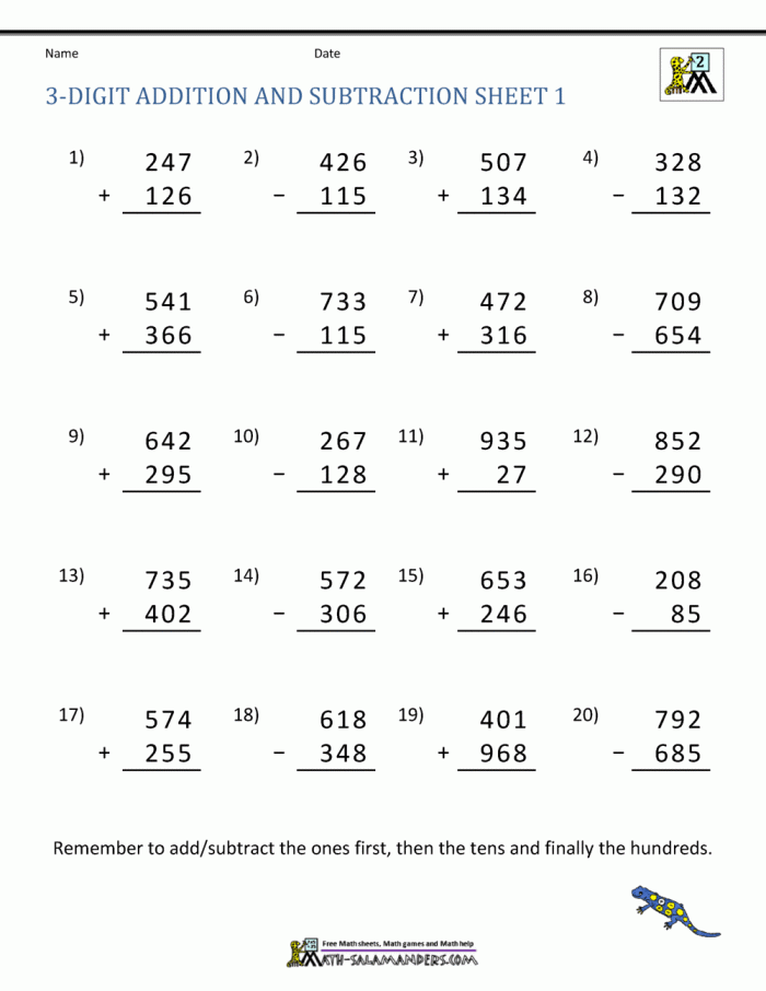 Triple Digits! 3-Digit Addition & Subtraction Practice Worksheet Worksheet featuring engaging 3-digit addition and subtraction problems for second graders