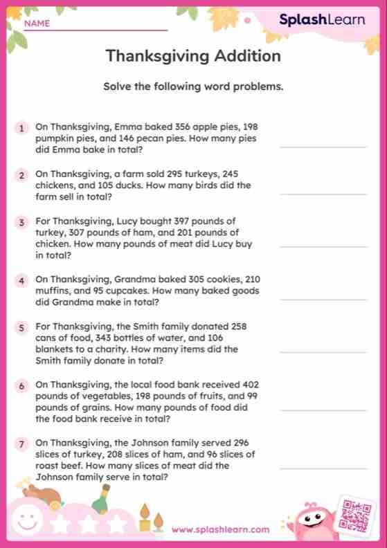 Worksheet featuring 3-digit addition word problems with dinosaurs for second graders
