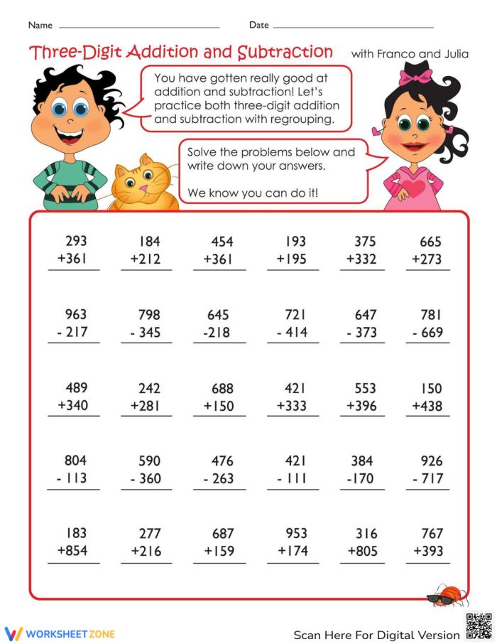 Triple Digits 3-Digit Addition and Subtraction Practice Worksheet 20 Second grade math worksheet featuring 3-digit addition and subtraction problems