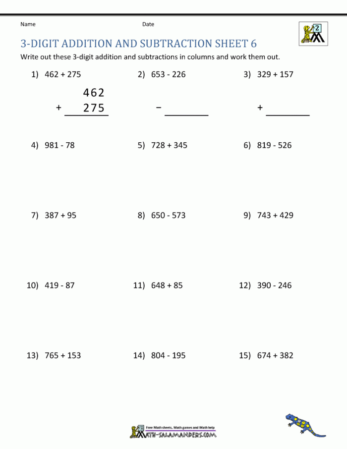 Triple Digits 3-Digit Addition and Subtraction Worksheet 15 Second grade worksheet focusing on three-digit addition and subtraction practice