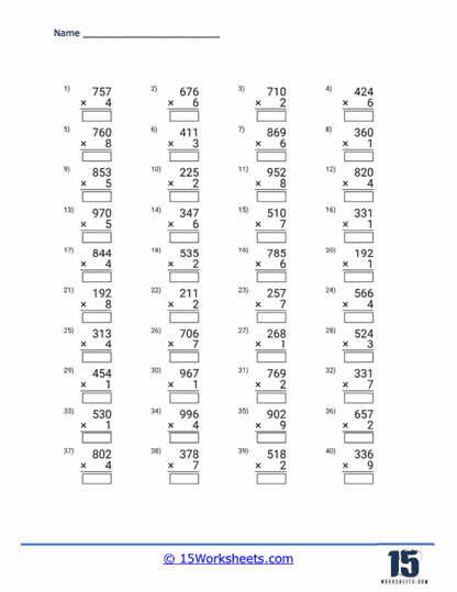 Multiplication practice worksheet featuring 3-digit by 1-digit problems for students 3-Digit by 1-Digit Multiplication worksheet for fourth graders to enhance their math skills
