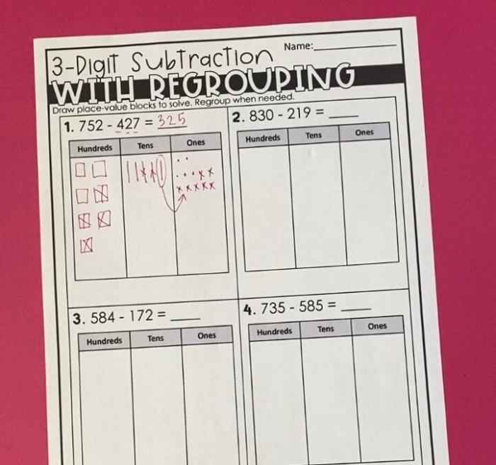 Image title: Engaging 3-Digit Subtraction Using Regrouping worksheet for second graders. ALT text: Second grade students solving a 3-digit subtraction worksheet featuring bouncy balls and regrouping challenges.